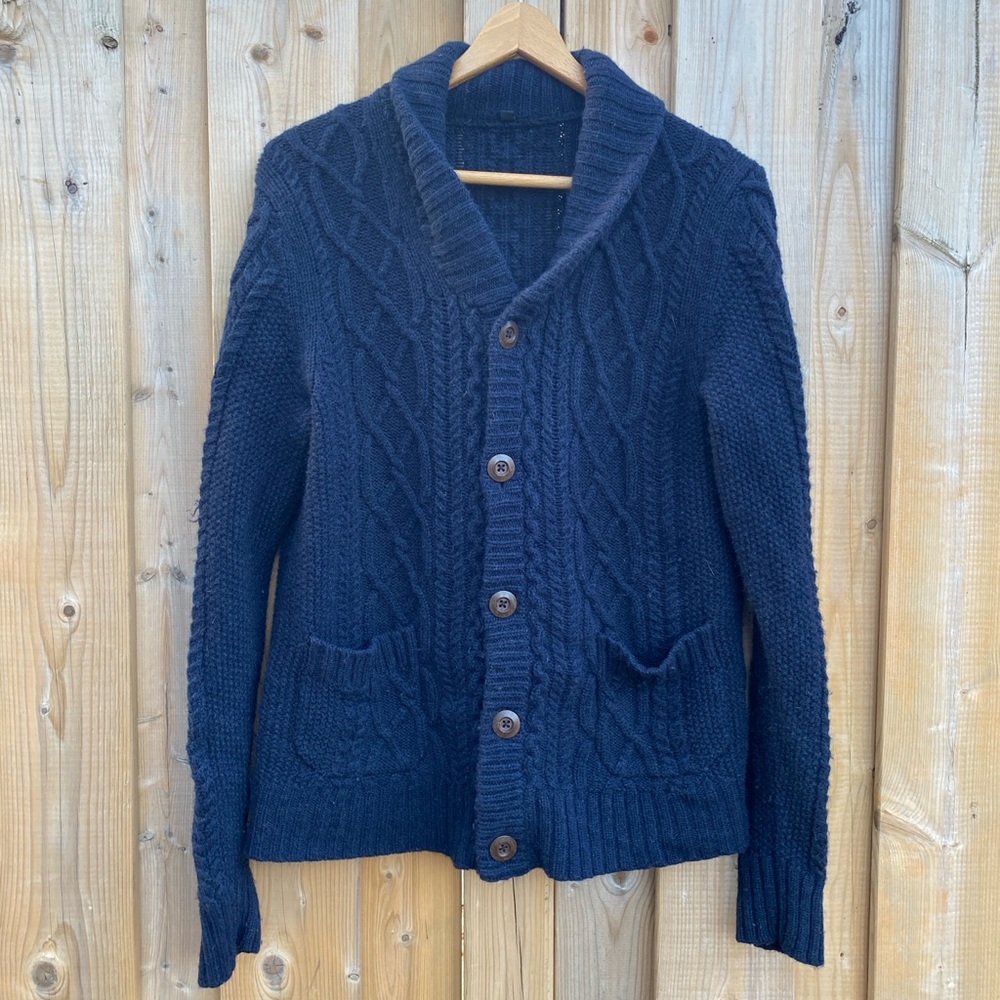 Muji Navy Blue Cable Knit Wool Cardigan